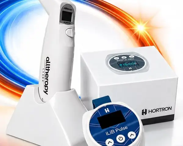 Alltherapy na base, ao lado do iLiB Pulse de pulso e da caixa do iLiB Pulse, da Hortron (imagem da Thera Light)